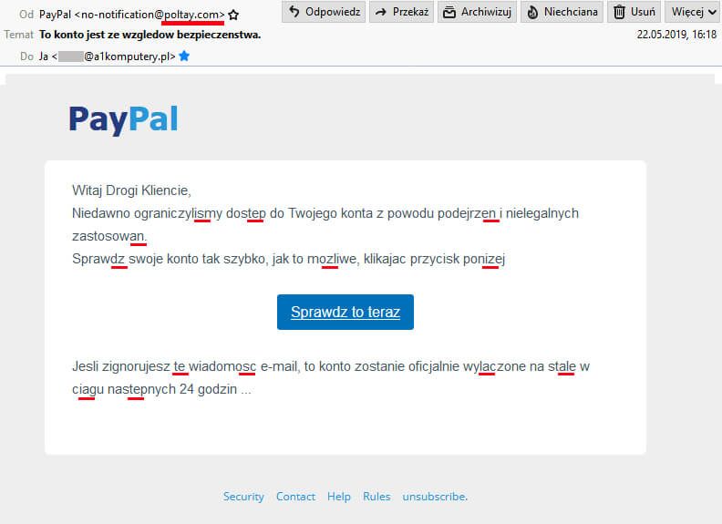 fałszywy mail podszywający się pod PayPal