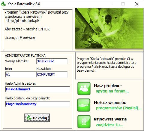 Koala Ratownik - odzyskanie hasła administratora i bazy danych programu Płatnik