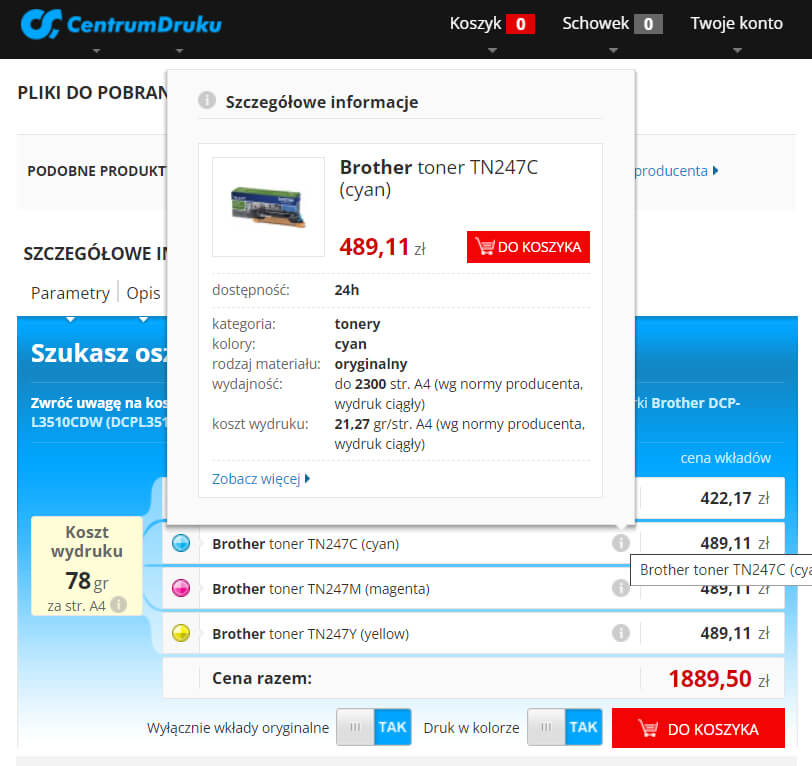 koszty eksploatacji drukarki (tonerów i cena wydruku - screen z centrumruku.pl)